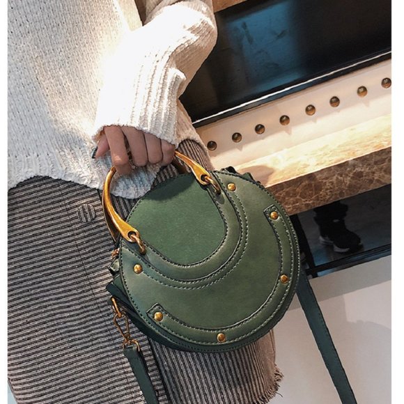 Crossbody Round Bag Small Leather Purse Crossbody Leather Bag - Dark Green - Picture 3 of 13